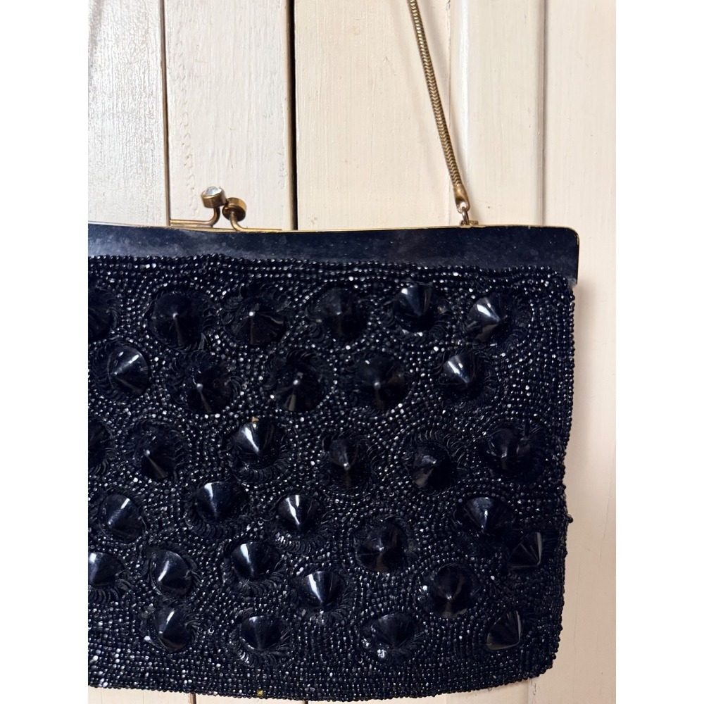Vintage Black Beaded Evening Clutch Bag Gold Kiss Lock Studded Formal Handbag